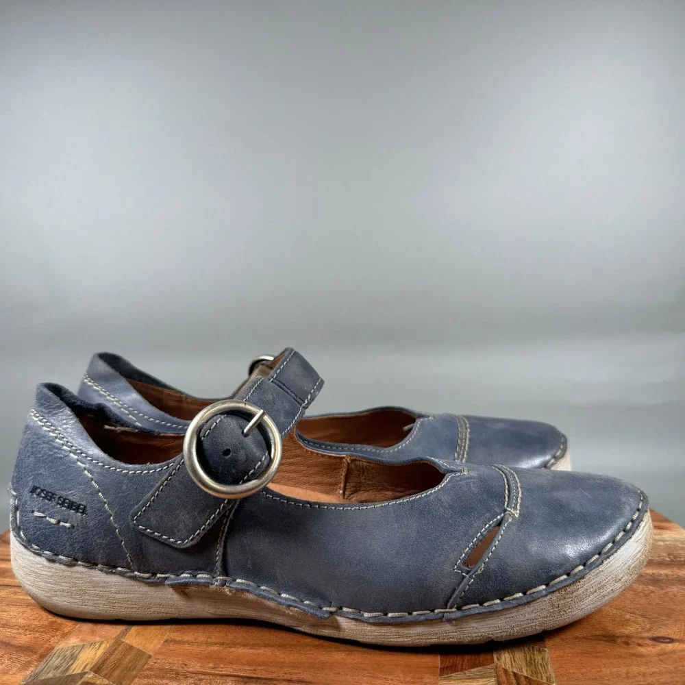 Josef Seibel Blue Leather Mary Jane Buckle Shoes Womens 39 Contrast Stitching